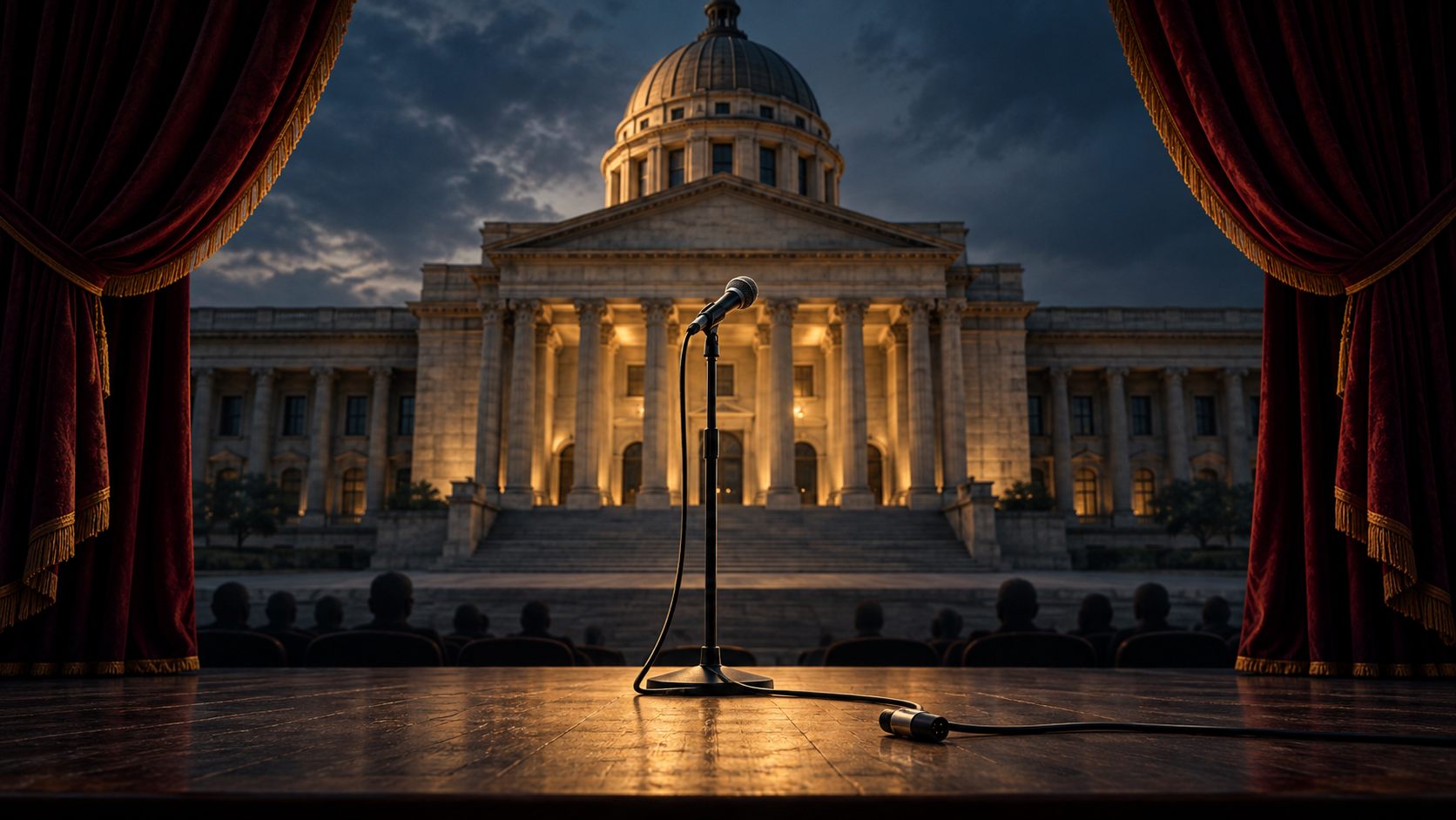 An unplugged microphone on a theatre stage facing a civic building framed by curtains
