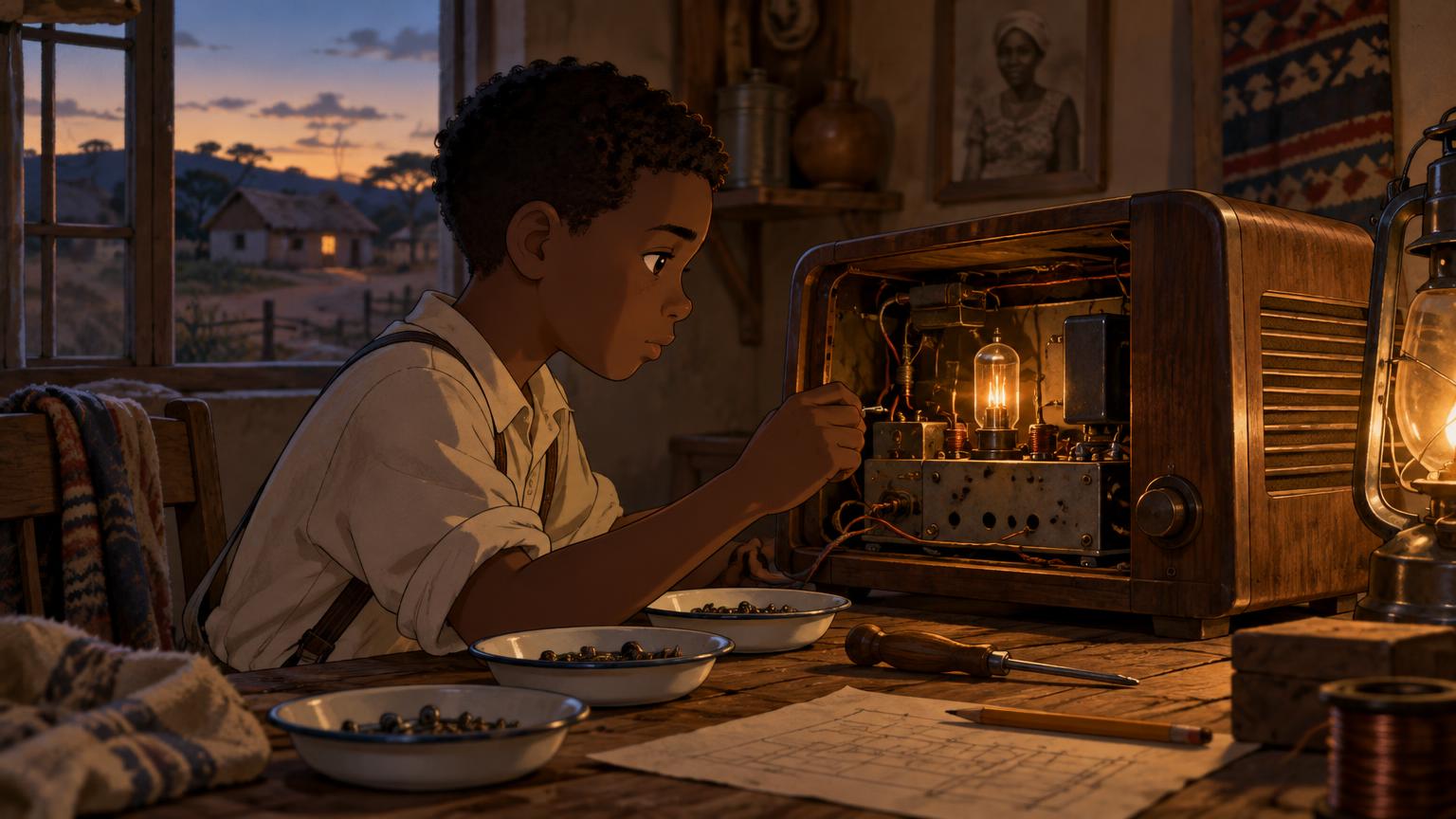 Sibusiso Mhlabeni examining the opened broken radio by lamplight